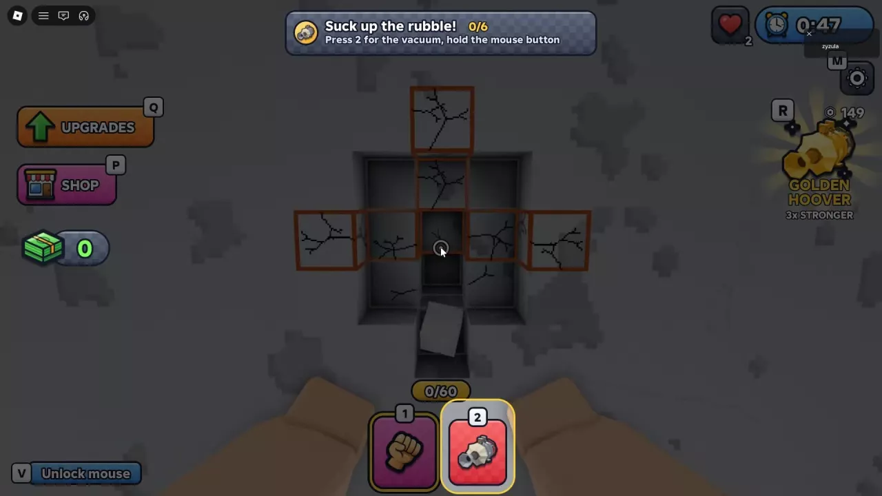 Vacuum tutorial highlighting quickbar slot 2 and the hold-mouse collection instruction.
