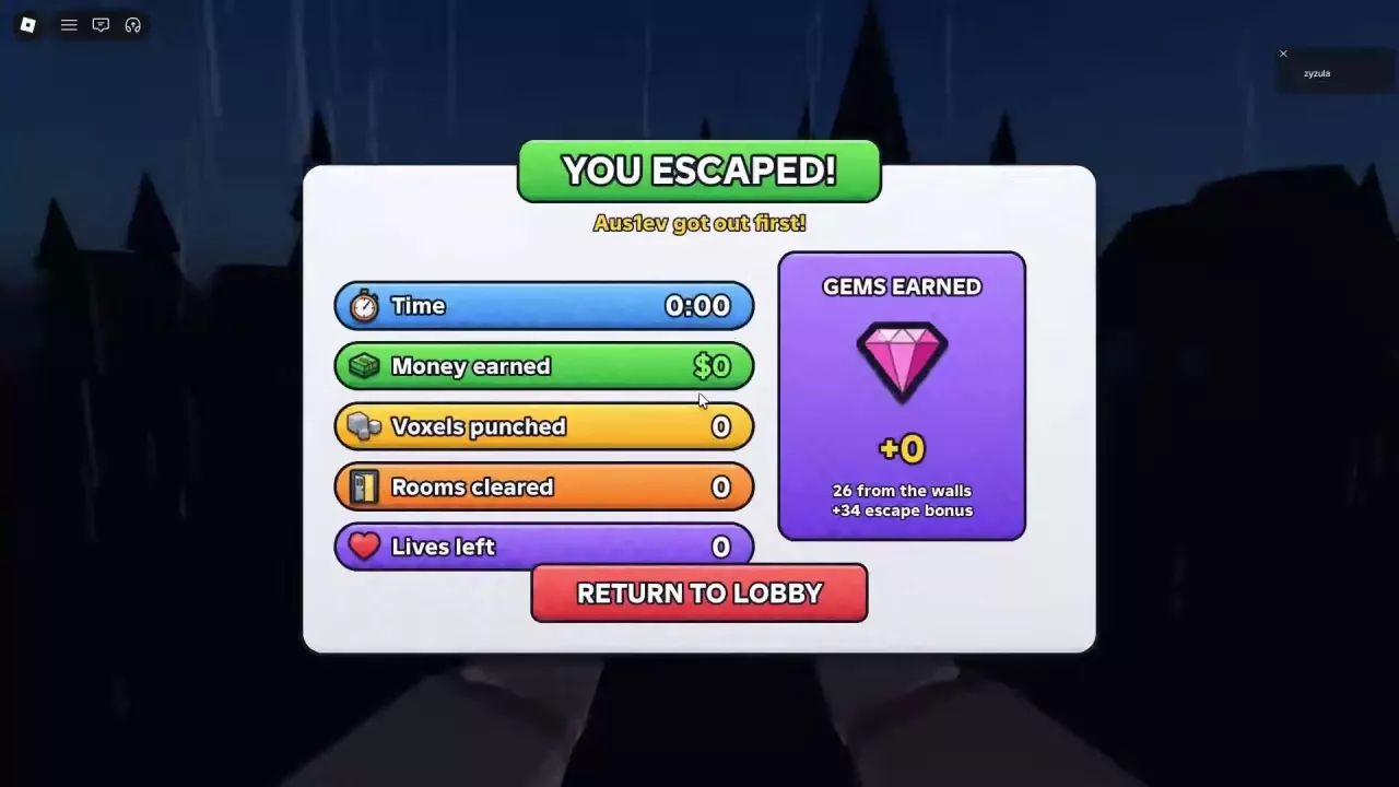 Escape results showing 26 Gems from walls and a 34-Gem escape bonus.