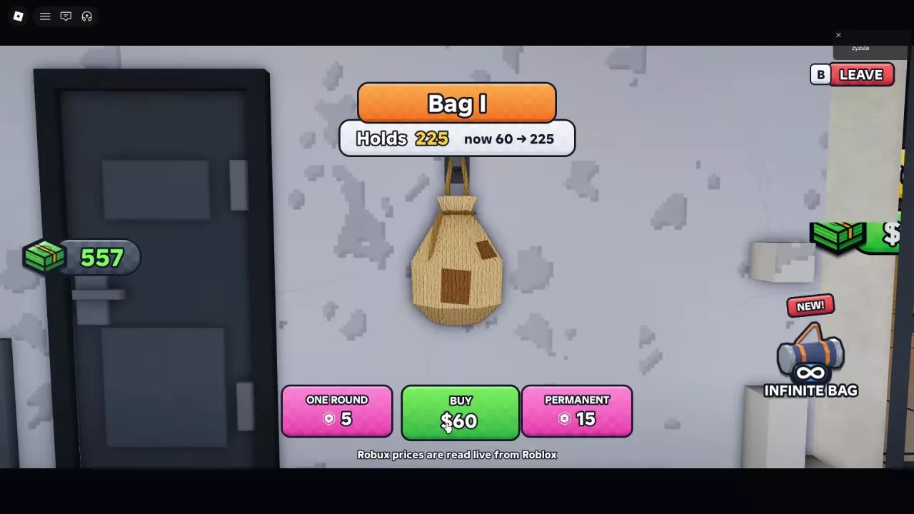 Bag I menu with a $60 cash purchase, 5 Robux ONE ROUND option, and 15 Robux PERMANENT option.