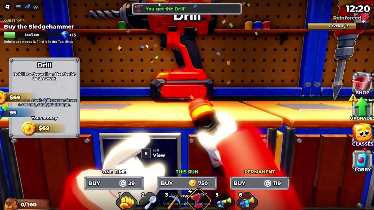 Drill purchase confirmation at the Tool Shop, with purchase options and the equipped Drill in the hotbar.