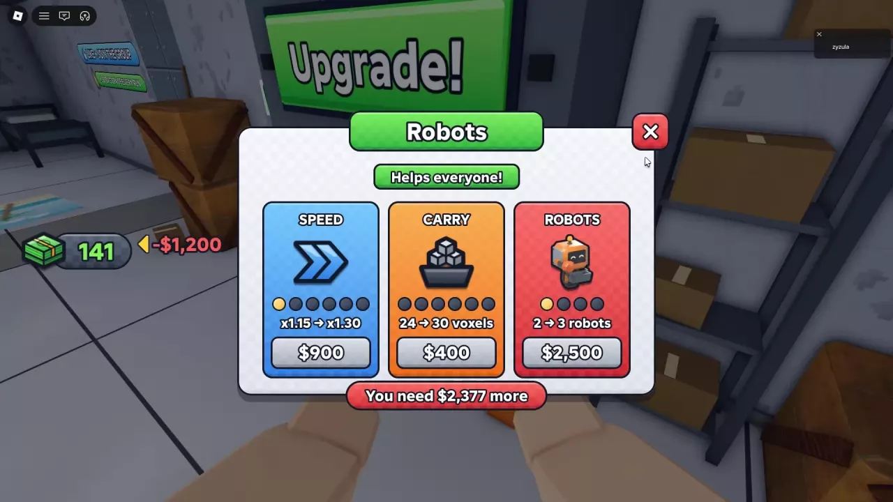 Robots upgrade menu showing SPEED, CARRY, and ROBOTS options and their cash prices