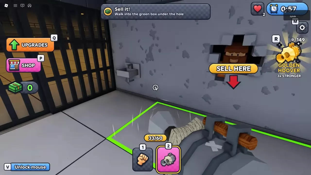 Green SELL HERE area beneath the cell wall opening, with Vacuum equipped and rubble in the bag.