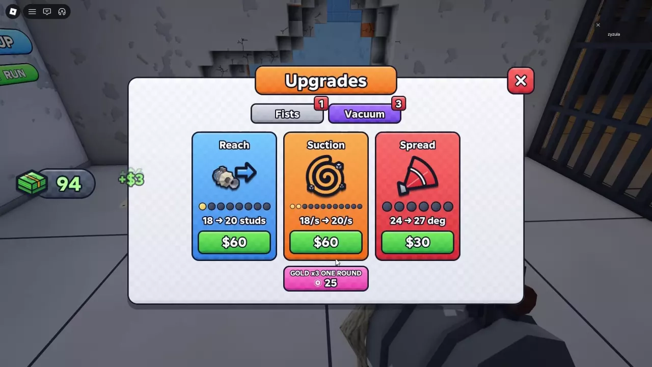 Vacuum upgrade menu with Reach, Suction, and Spread, including an earlier Suction upgrade from 18/s to 20/s.