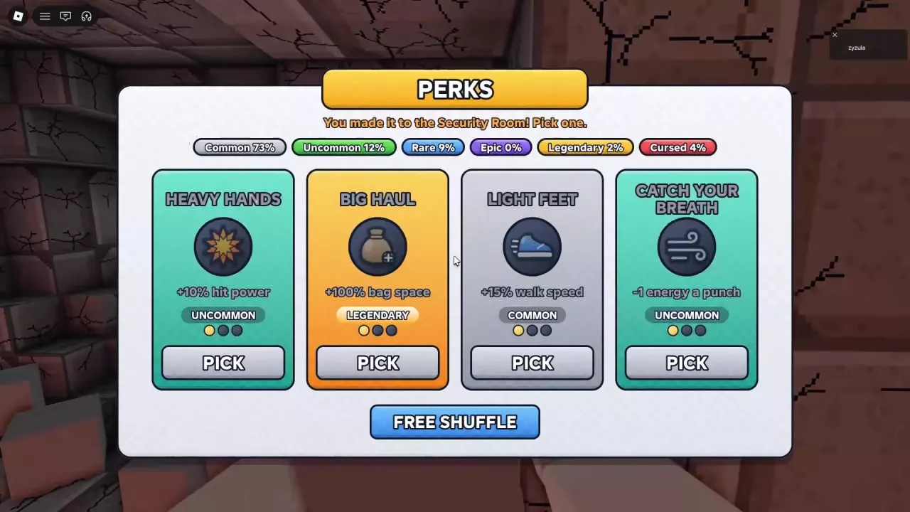 Security Room PERKS menu with four perk choices, PICK buttons, and FREE SHUFFLE.